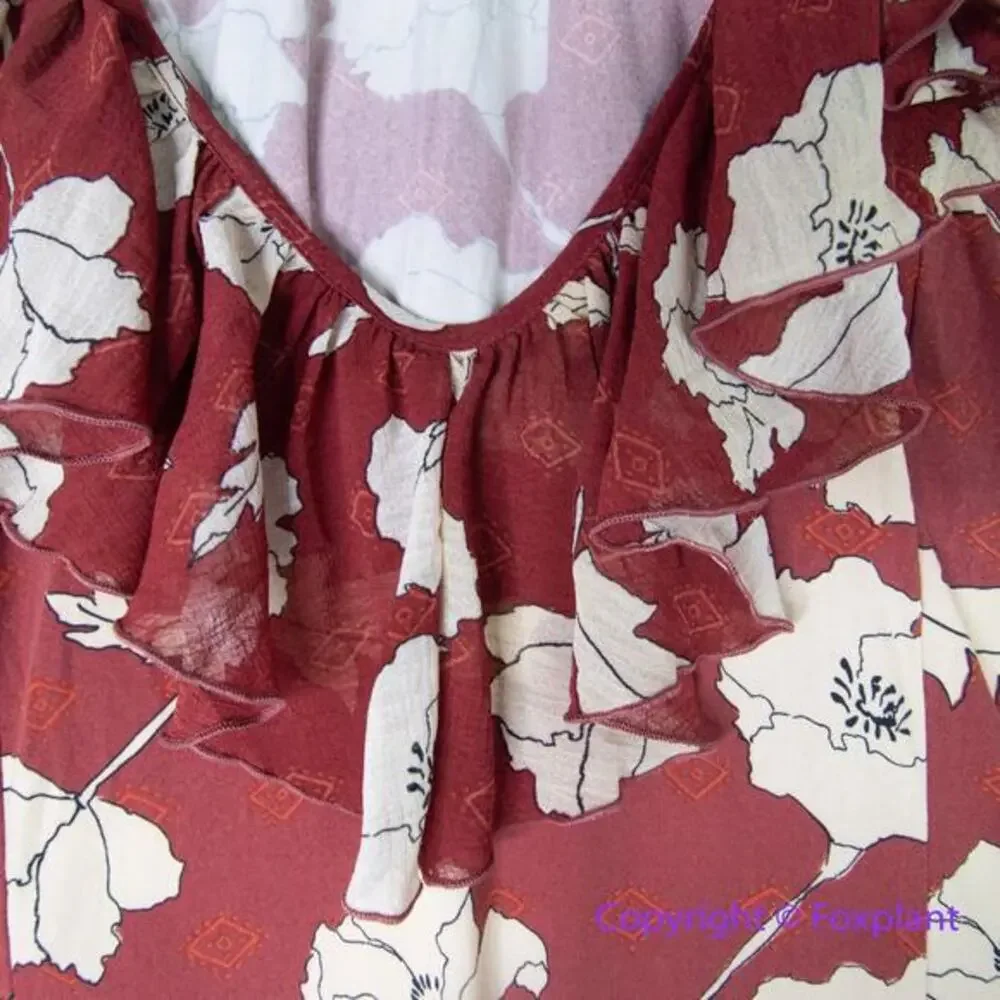 New! Free People AUSTYN brick red floral flaired‎ pant ruffle jumpsuit, size M